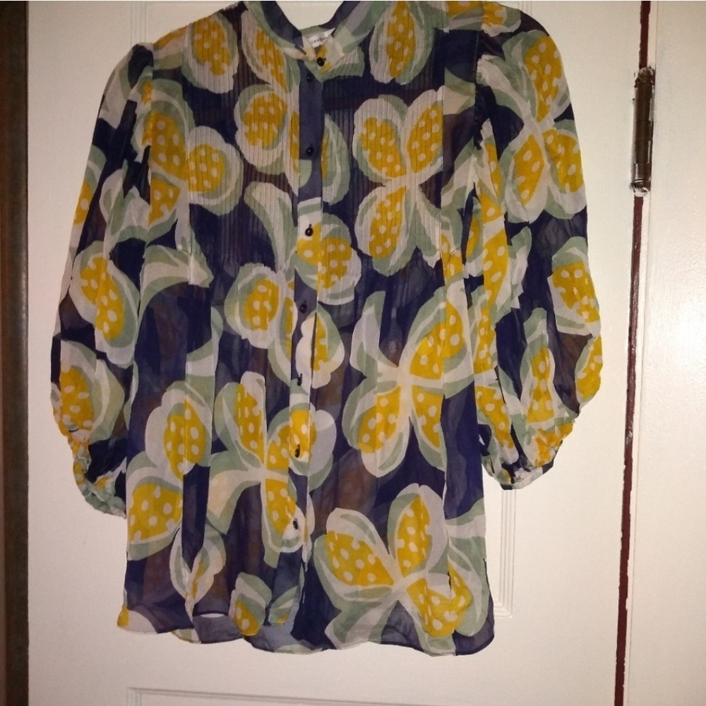DVF Yellow and Navy Blue Silk Blouse